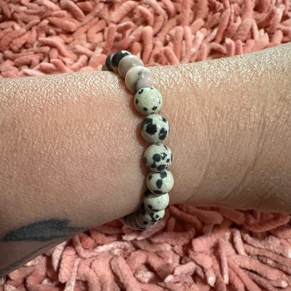 Dalmatian Jasper and Pink Stone Beaded Stretch Bracelet - Picture 3 of 3